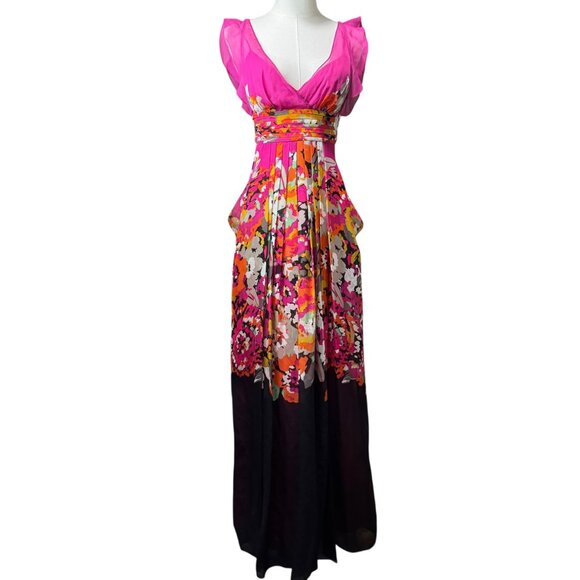 BCBGMAXAZRIA Floral Silk Maxi Dress 0 (XS) | NWT V-Neck Empire Waist Gown - Picture 1 of 11